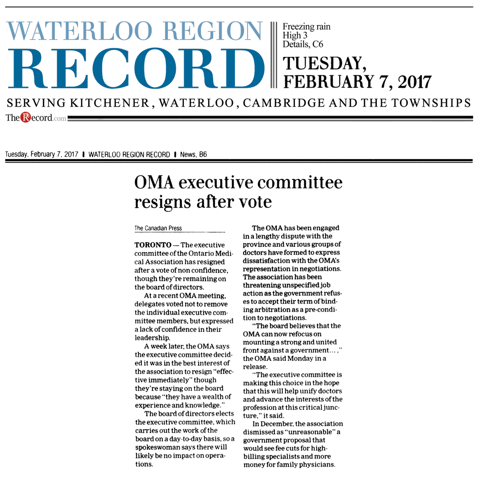 Waterloo Record 2017-02-07 - OMA exec resigns